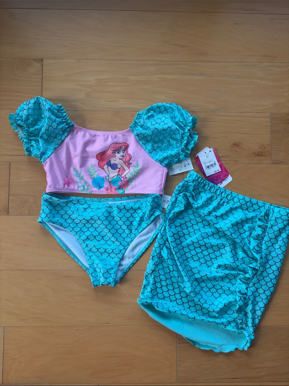 NWT Girls Ariel Mermaid Three- Piece Swim Set - Turquoise & Pink Size 7/8